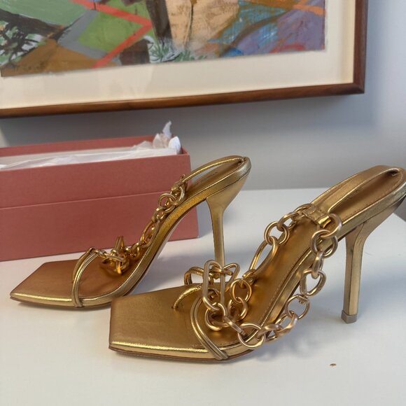 cult gaia Shoes - Cult Gaia Leather Chain-Link T-Strap Flat Sandal Tan/Gold Size 7.5